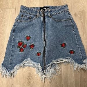 KOOPLES Denim Zipped Skirt with Rose Embroidery